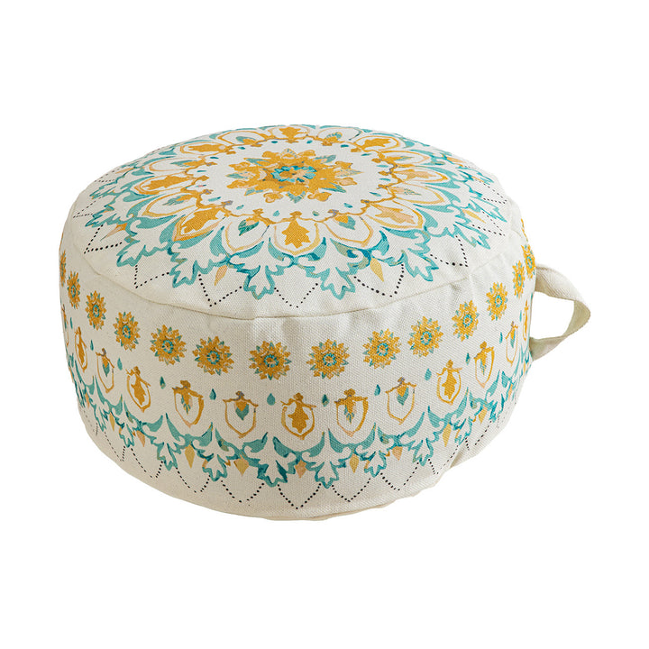 Round seat pouf with woven cotton cover and ethnic mandala print Kalsten
