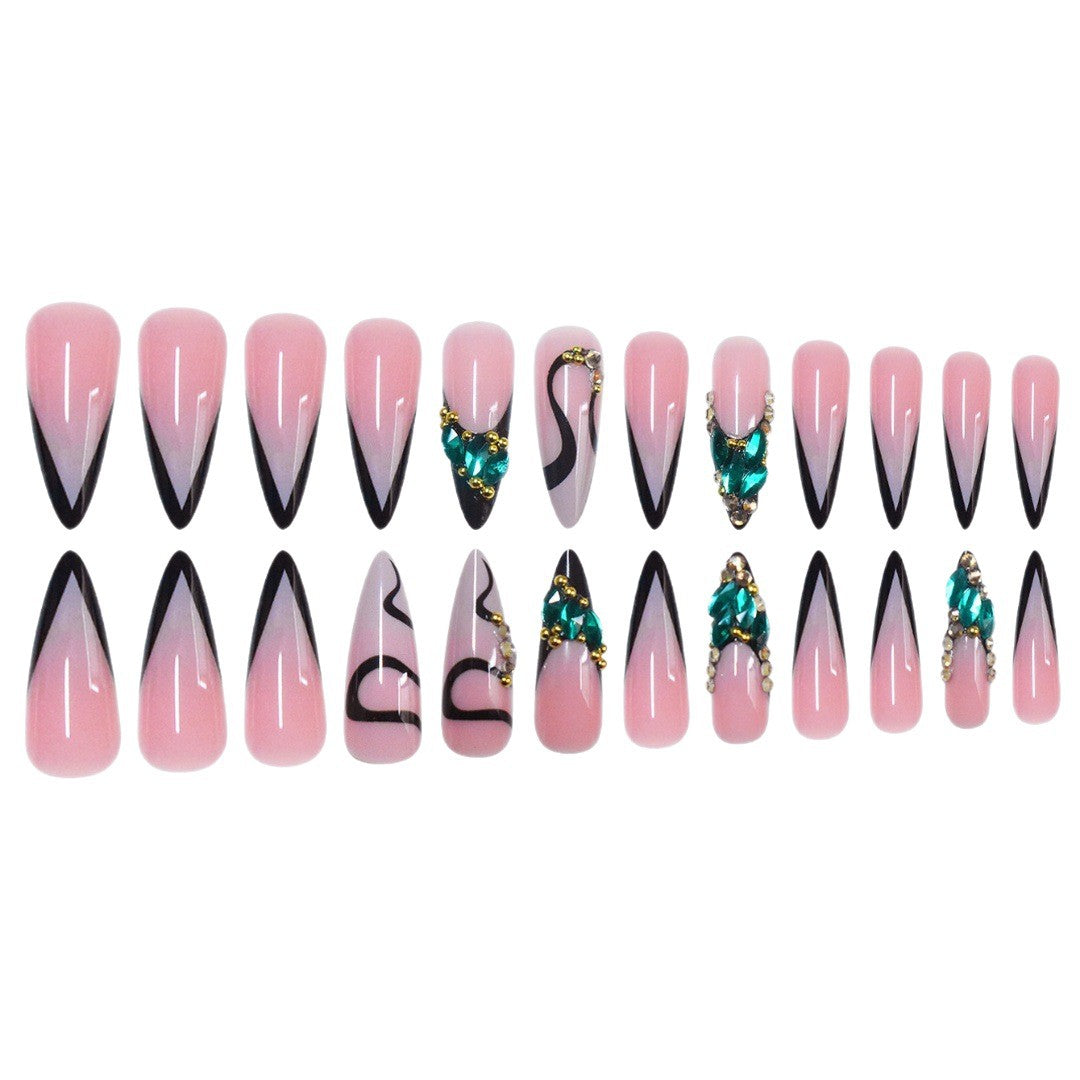 Artistic Stiletto Press-On Nail Art with Gemstone Accents Kalsten