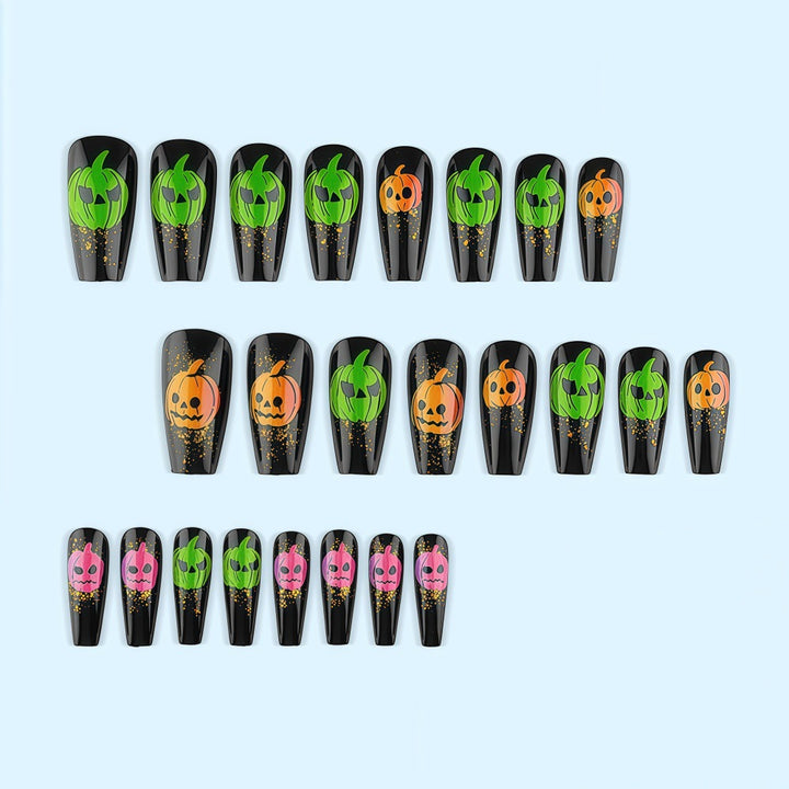 Halloween-style artificial nails with graphic pumpkin designs Kalsten