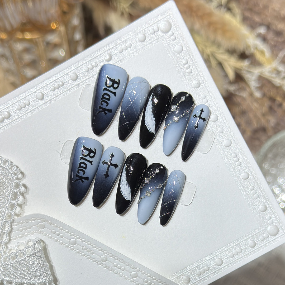 Artistic Press-On Nail Set with Gothic Feather and Cross Design Kalsten