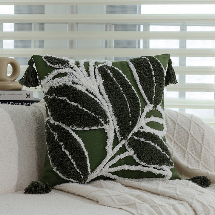 Square decorative cushion with raised leaf tufting and tassels Kalsten