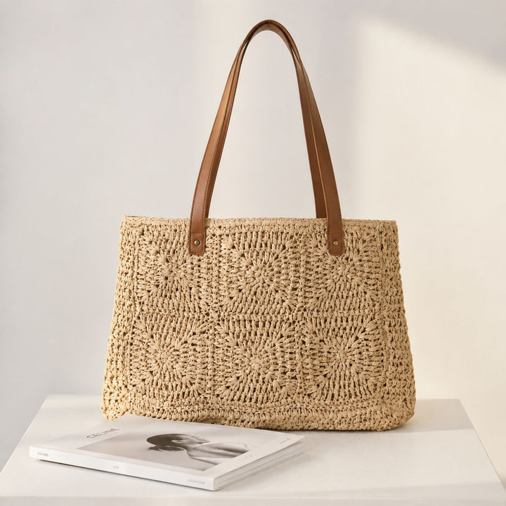Handbag Made of Natural Rattan with Elegant Leather Handles Kalsten