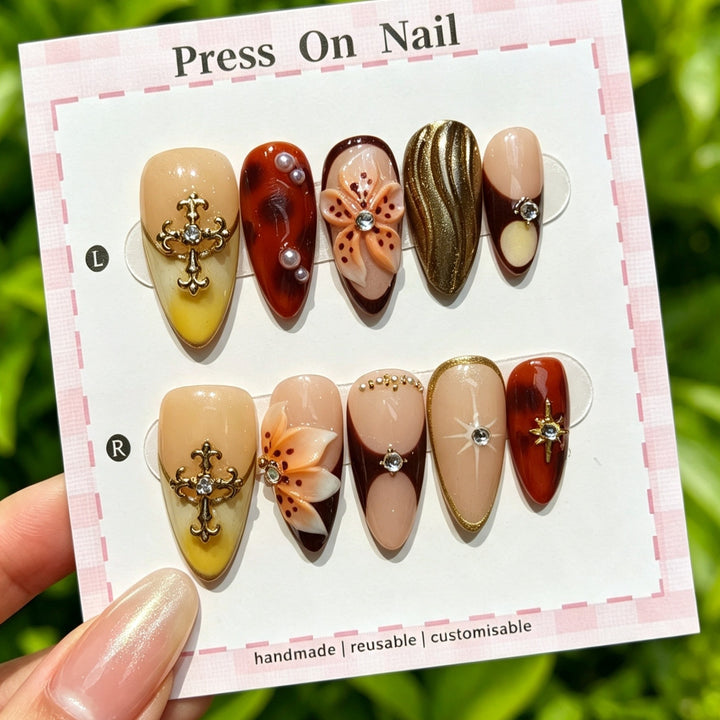 Artistic Press-On Nail Set with Floral and Green Accents