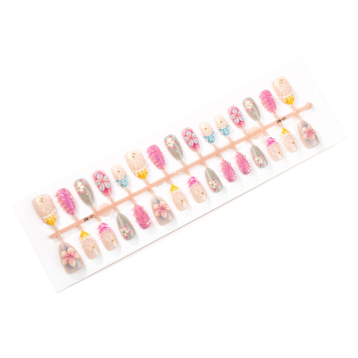 Artistic Press-On Nail Set with Floral and Shell Designs