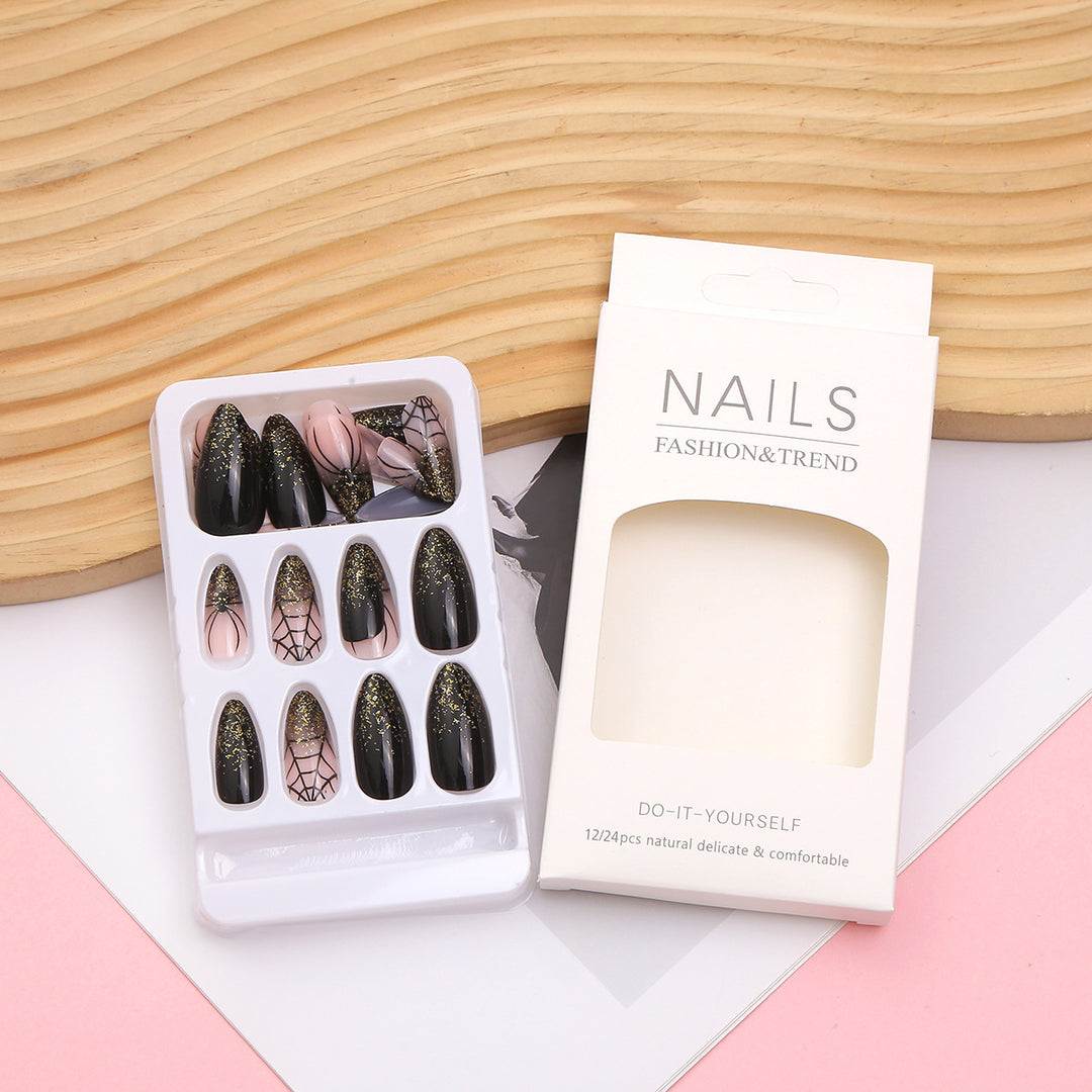 Artistic Press-On Nail Set with Glitter and Spider Web Design Kalsten
