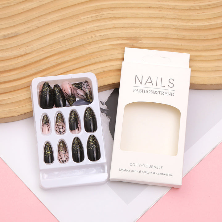 Artistic Press-On Nail Set with Glitter and Spider Web Design Kalsten