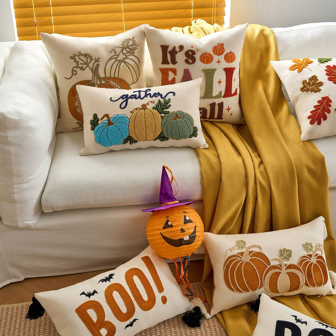 Embroidered Autumn Pumpkin Velvet Accent Pillow Cover