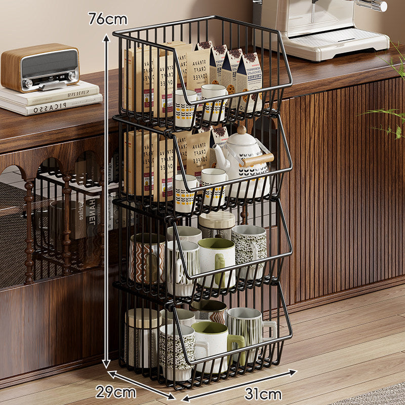 Four-Tier Tall Rolling Wire Pantry and Mug Storage Cart with Deep Slanted Baskets