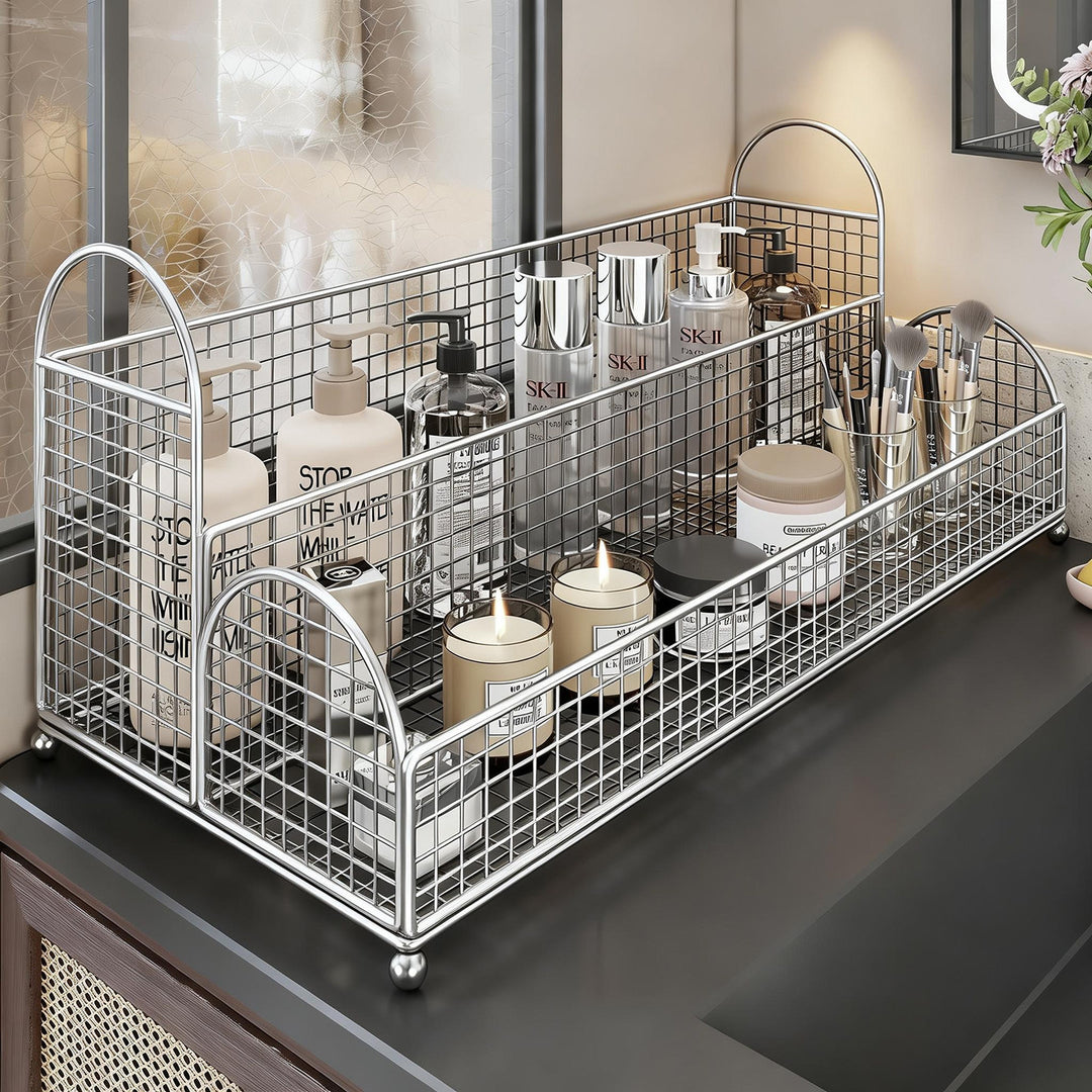 Countertop Metal Mesh Cosmetic and Skincare Organizer with Dual Arch Handles
