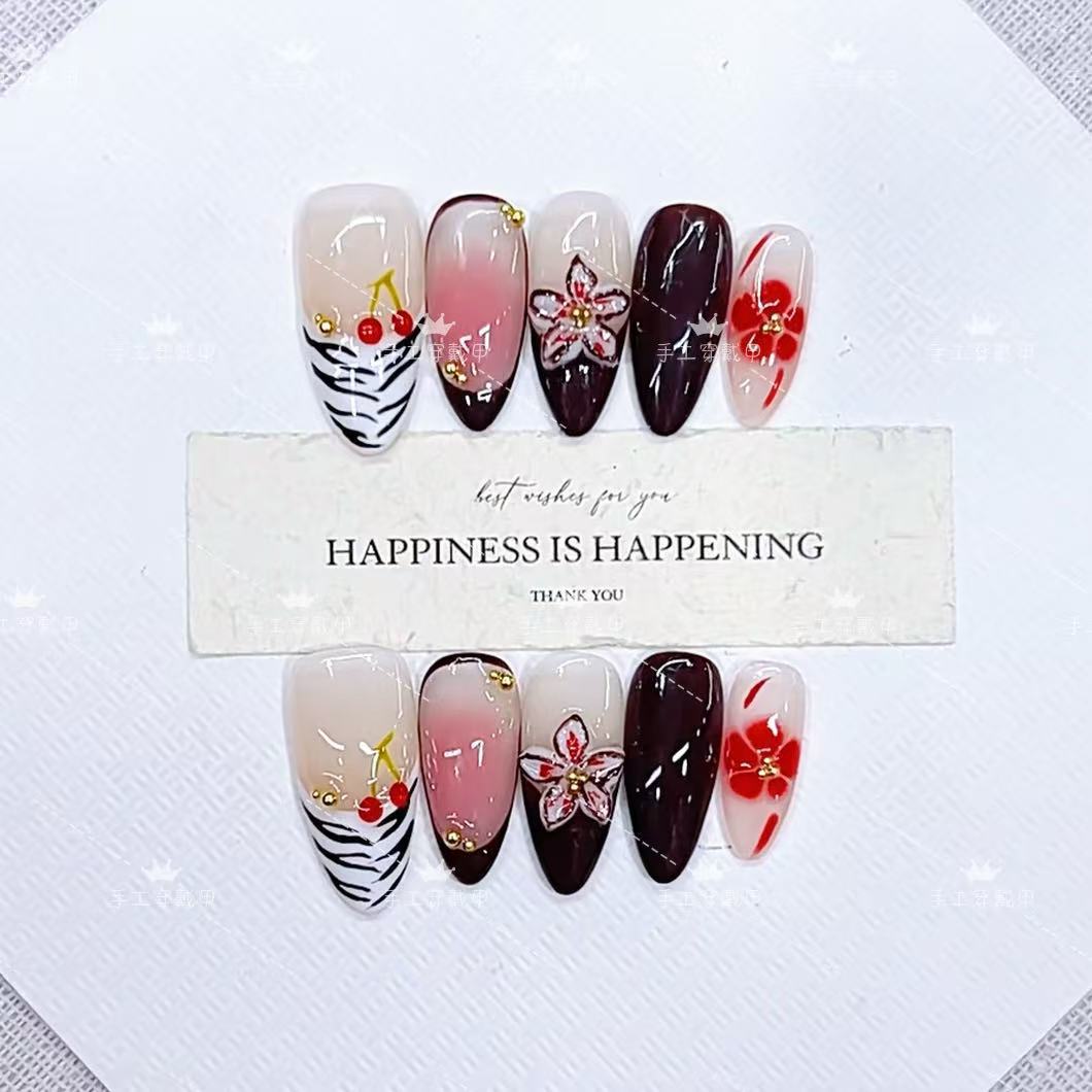 Artistic Press-On Nail Art Set with Cherry Blossom and Floral Designs Kalsten