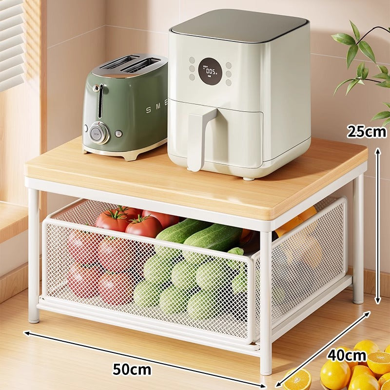 Countertop Bamboo-Top Metal Mesh Sliding Storage Shelf with Pull-Out Basket