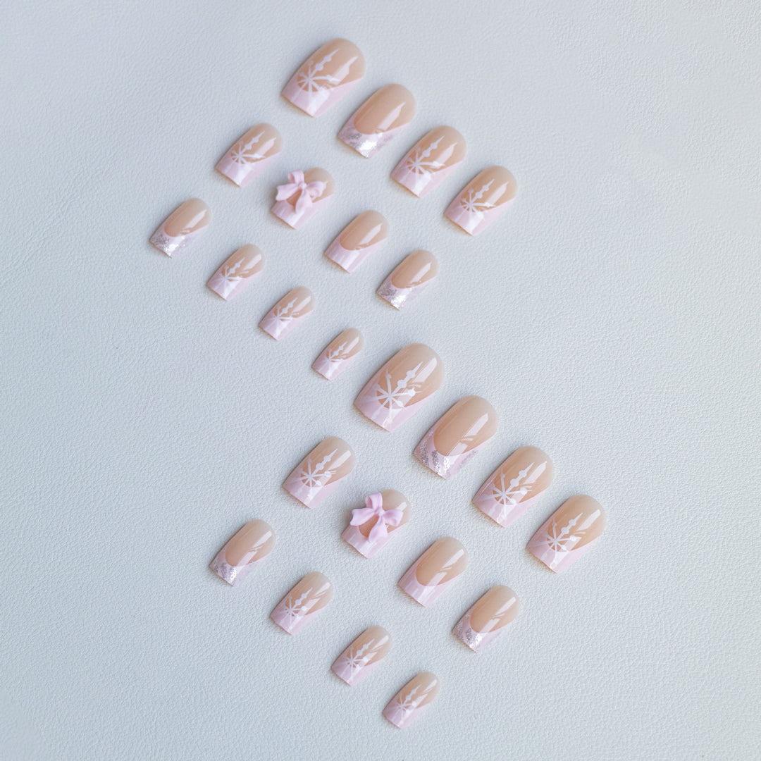Artistic Press-On Nail Set with Floral and Snowflake Designs