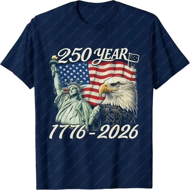 Unisex nan patriotic two hundred fifty year commemorative graphic tee with Statue of Liberty and Bald Eagle print Kalsten
