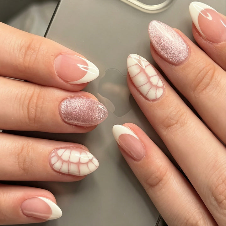 Artful nail extensions with shimmering glitter and unique design Kalsten