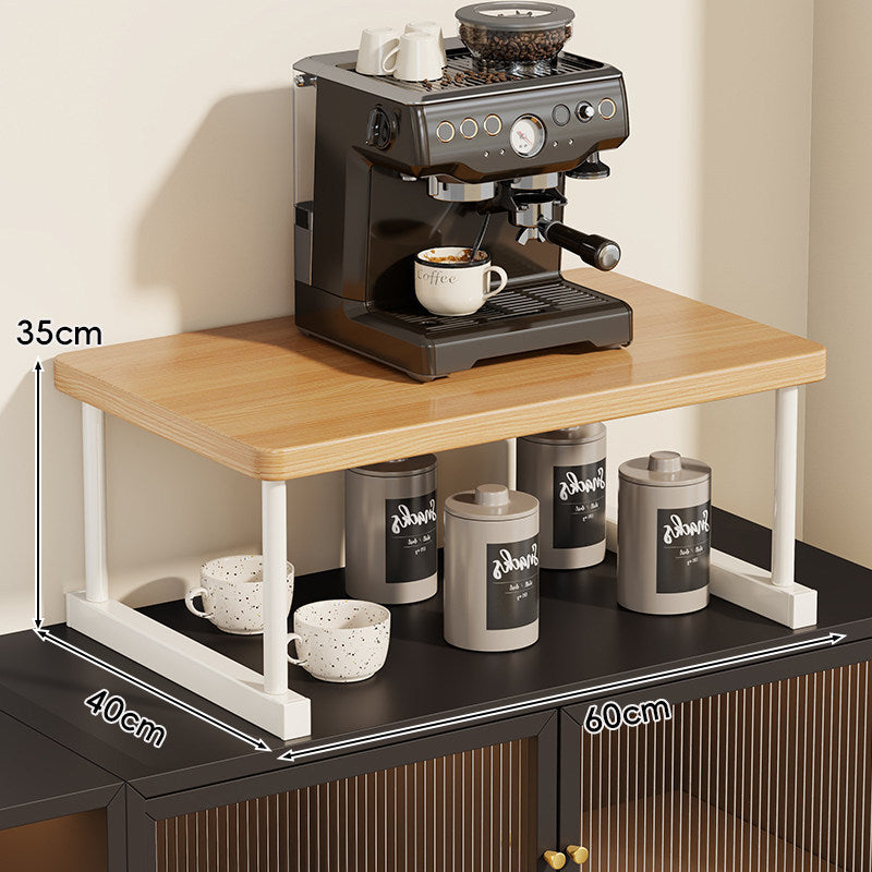 Two-Tier Countertop Coffee Station Shelf Riser with Walnut Top and Metal Frame