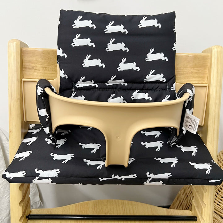 Quilted High Chair Seat Liner with Rabbit Print and Integrated Strap Slots