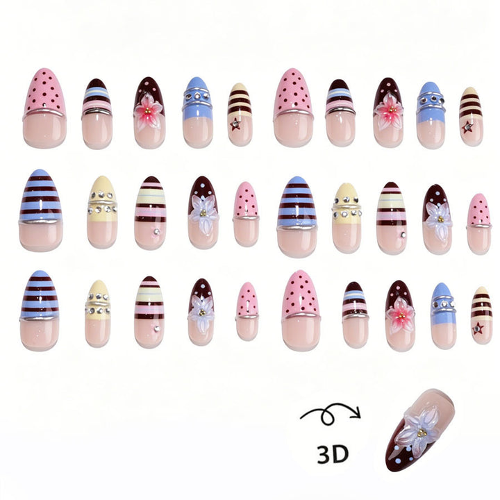 Creative nail art set with floral and striped accents Kalsten