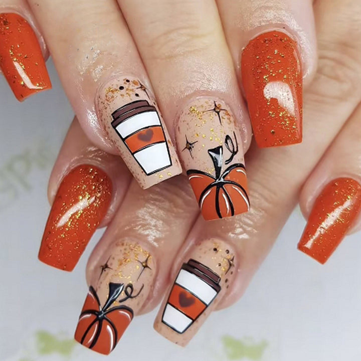 Seasonal Pumpkin-Themed Press-On Nail Art Design Kalsten