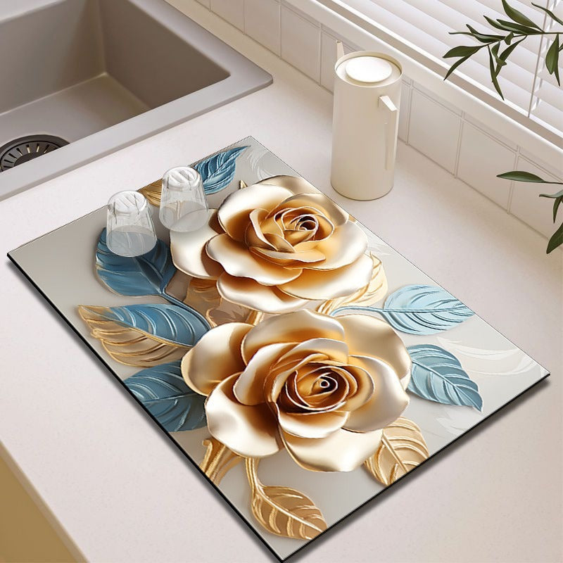 Elegant Floral Design Kitchen Mat
