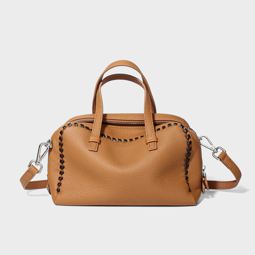 Pebbled Leather Doctor-Style Satchel with Whipstitch Trim & Detachable Crossbody Strap