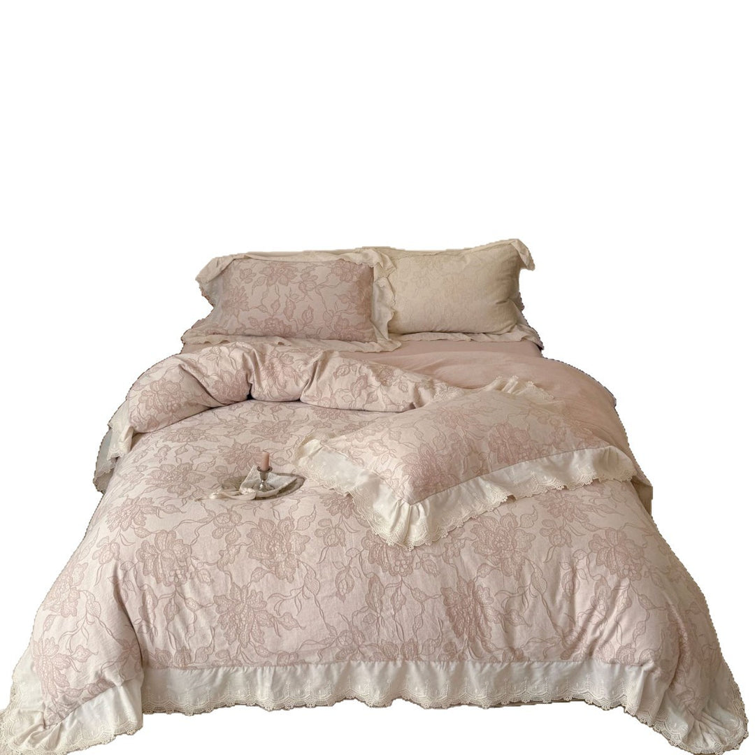 Luxurious jacquard bedding with lace trim and ruffle