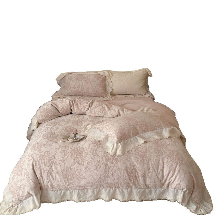 Luxurious jacquard bedding with lace trim and ruffle