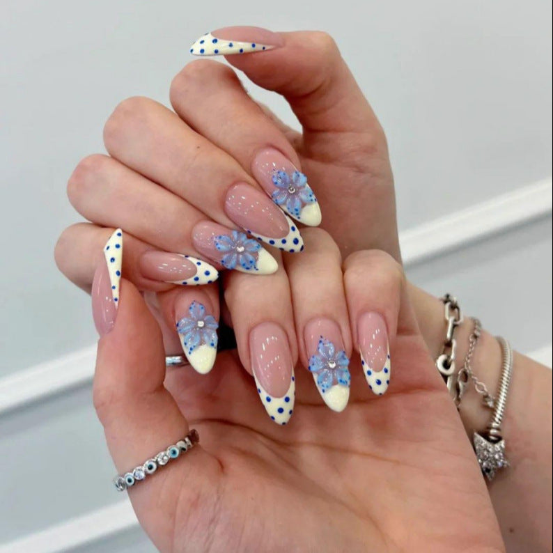Artistic Press-On Nail Set with Floral and Polka Dot Design Kalsten