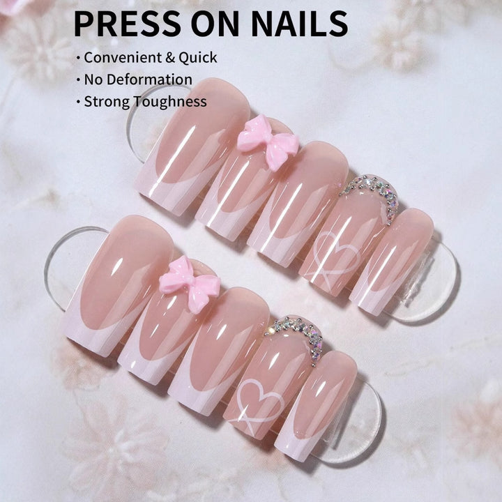 Artificial nail set with elegant bow and glitter decorations Kalsten