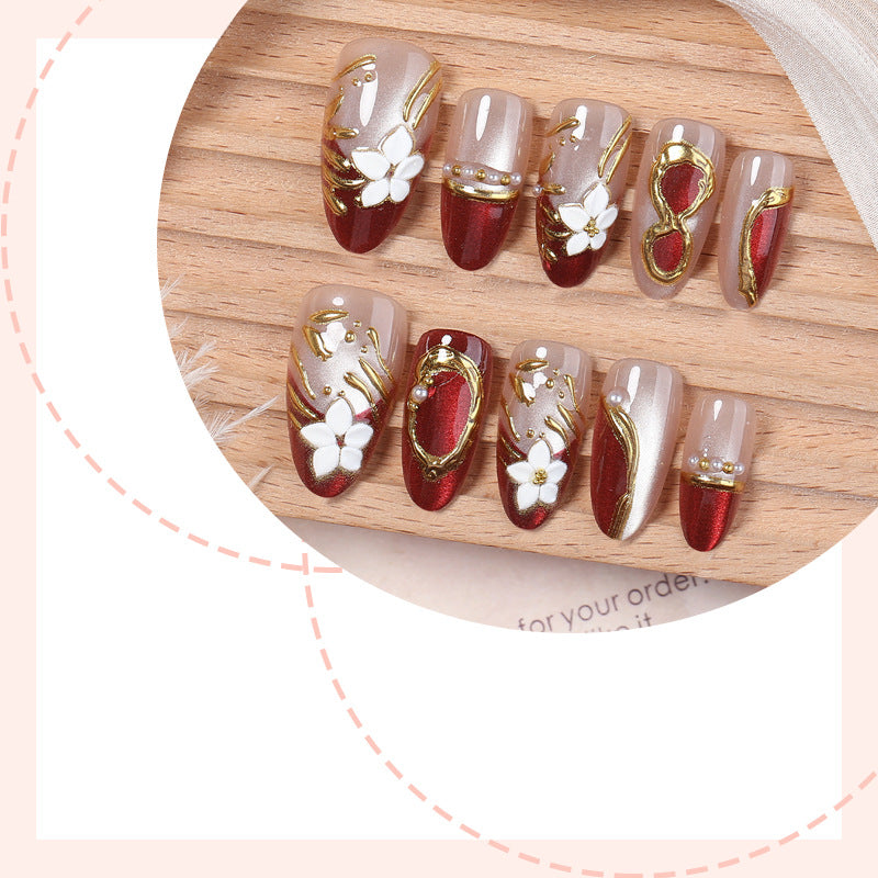 Artistic Press-On Nail Set with Floral and Metallic Accents kalsten