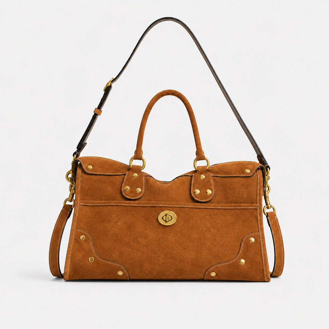 Elegant Suede Handbag with Brass Accents