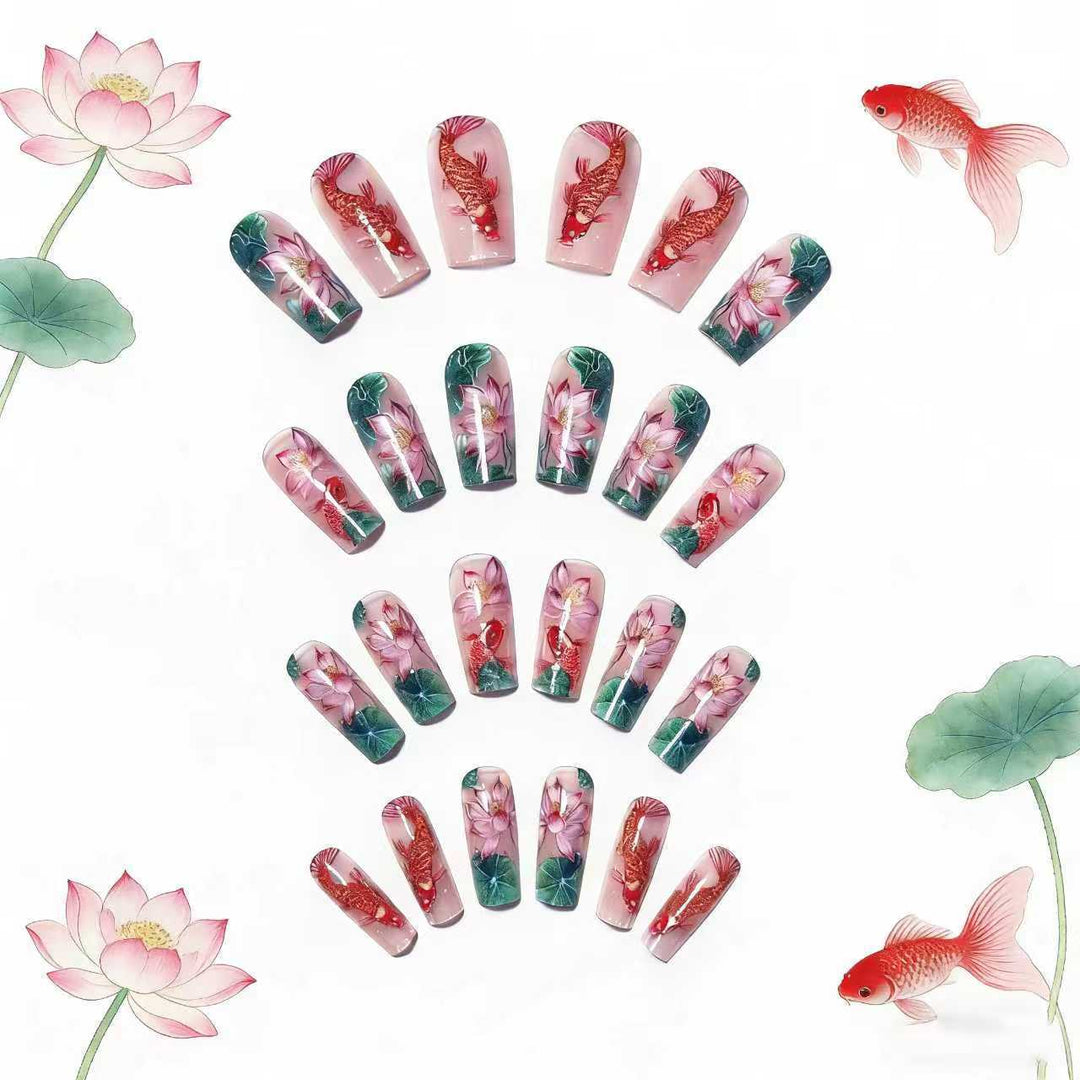 Artificial nails with floral lotus elements and koi pattern Kalsten