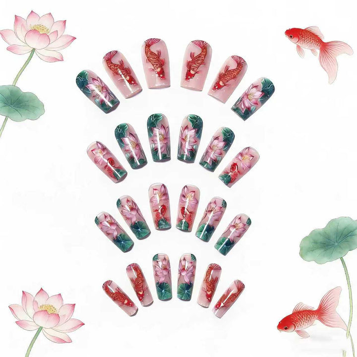 Artificial nails with floral lotus elements and koi pattern Kalsten