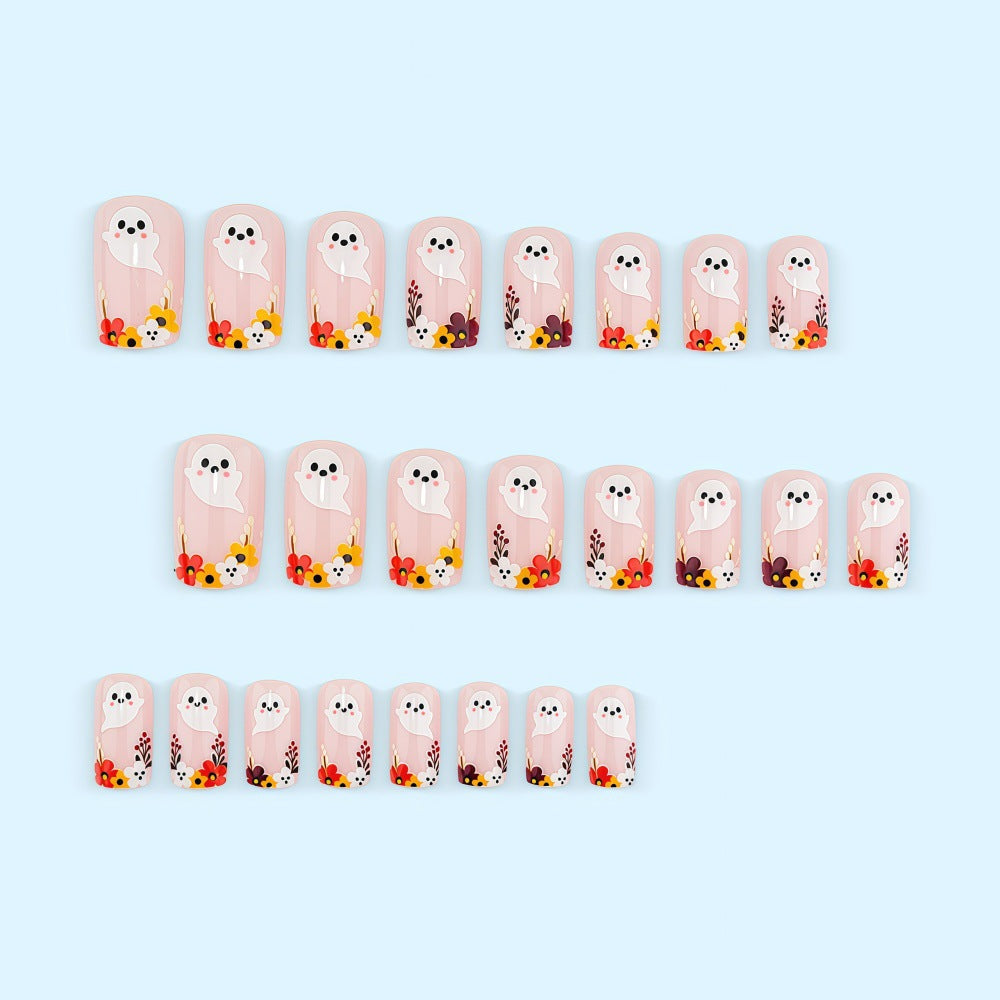 Artificial nails with ghost motif and flower accents Kalsten
