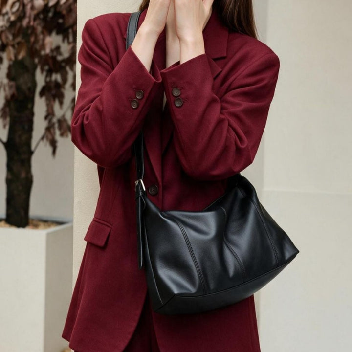 Curved-Side Pebbled Leather Slouchy Shoulder Hobo with Adjustable Buckle Straps