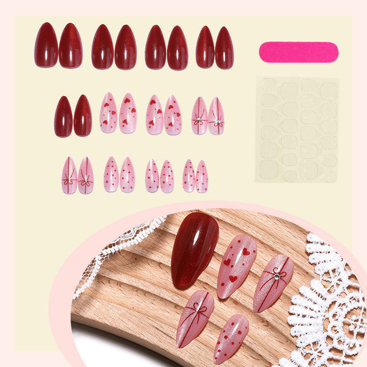 Decorative Press-On Nail Set with Heart and Bow Designs kalsten
