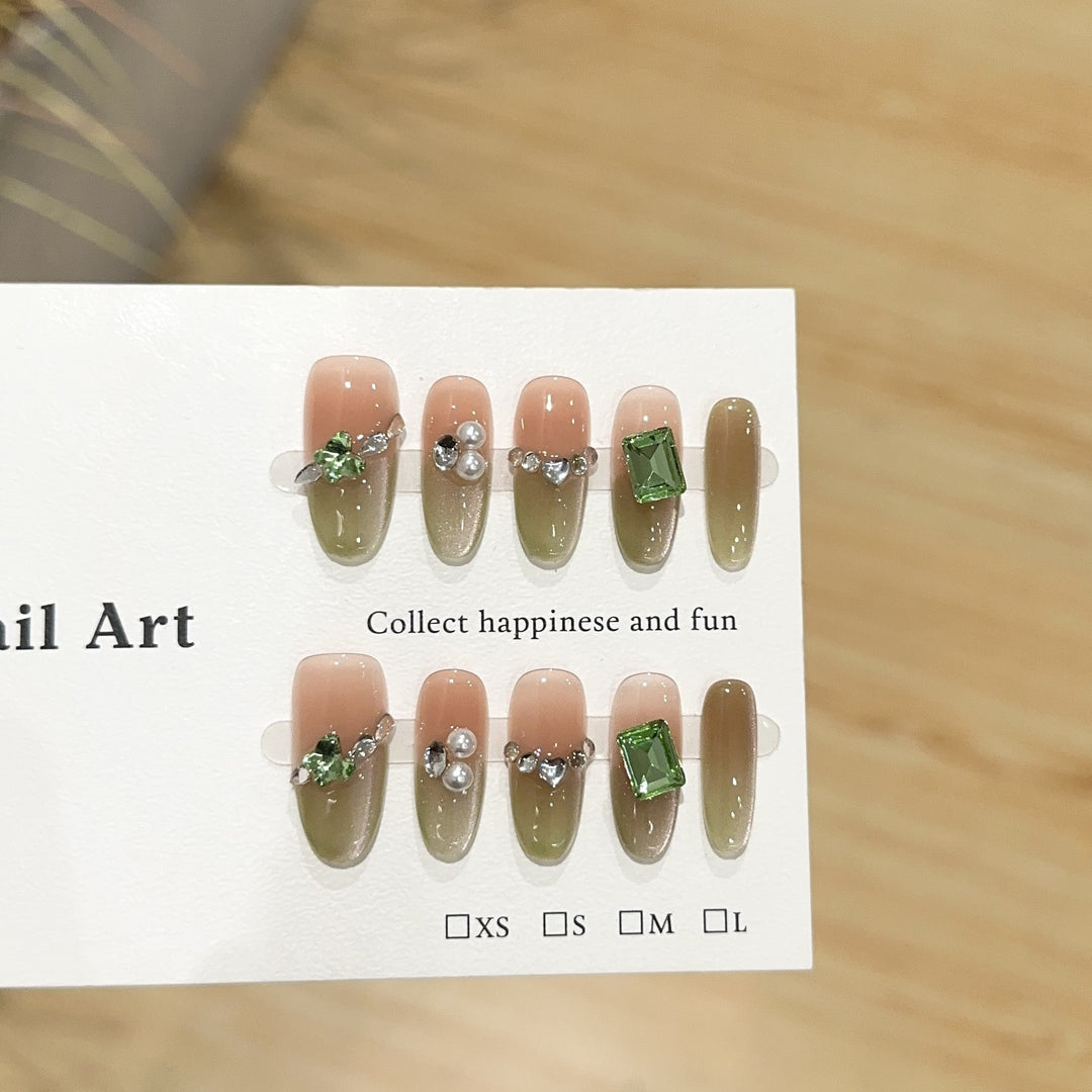 Decorative Press-On Nail Set with Gemstone Accents