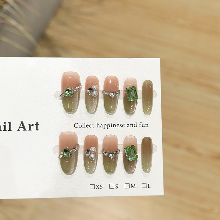 Decorative Press-On Nail Set with Gemstone Accents