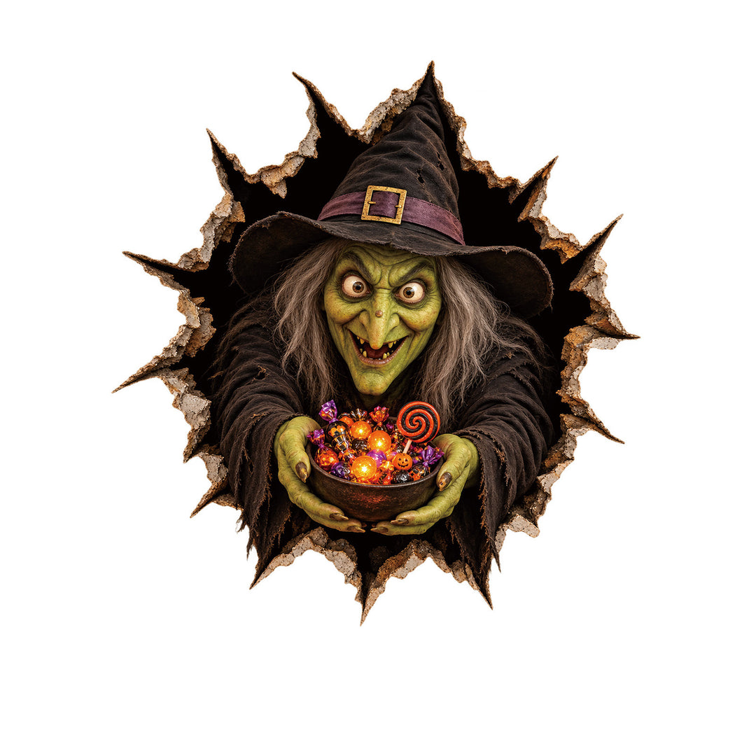 Realistic 3D wall sticker Halloween witch with breaking wall and candy