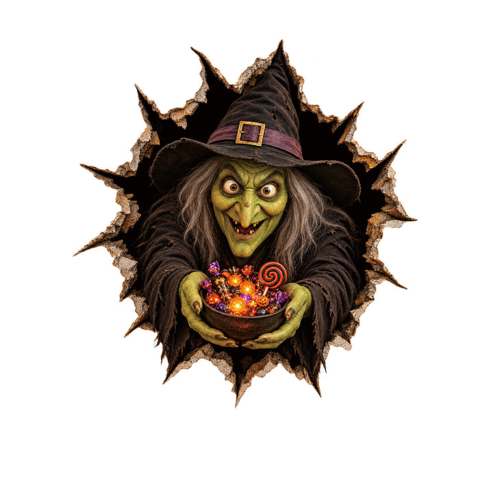 Realistic 3D wall sticker Halloween witch with breaking wall and candy
