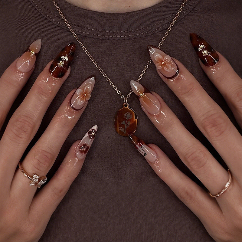 Artistic Press-On Nail Set with Elegant Floral Decor kalsten