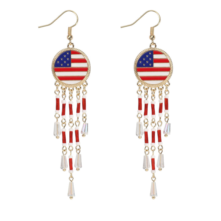 Women's nan long beaded fringe dangle earrings with enamel flag medallion and crystal drops Kalsten