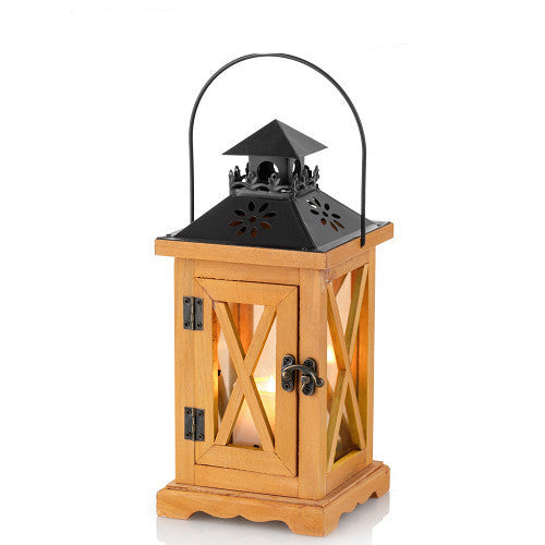 Rustic Distressed Wood Glass-Paneled Decorative Candle Lantern with Metal Top and Carry Handle Kalsten