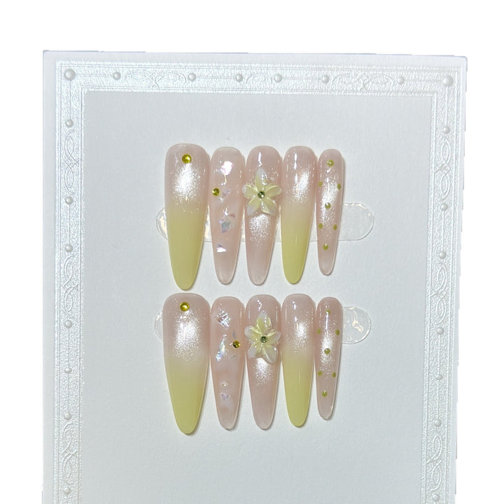 Elegant Long Stiletto Press-On Nail Art Set with Floral Accents Kalsten