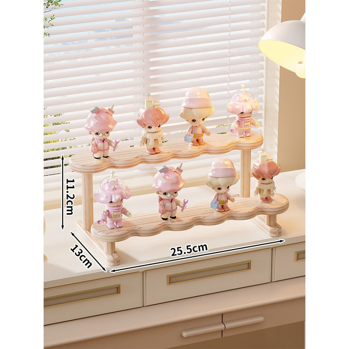 Two-Tier Wavy Wooden Display Stand for Mini Figures and Collectibles