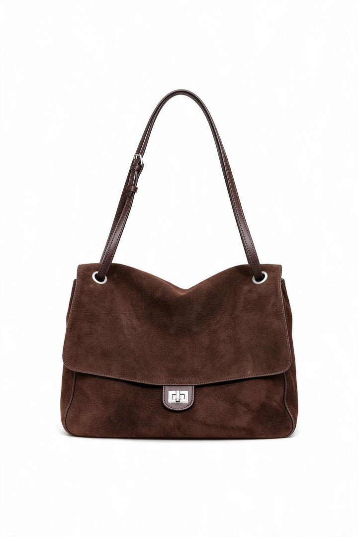 Suede Shoulder Tote Bag with Flap and Turn-Lock Closure