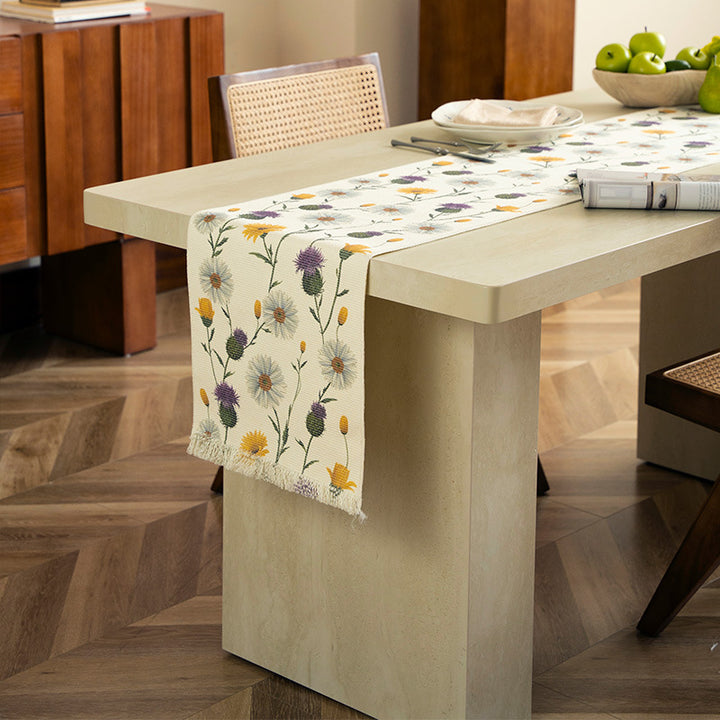 Woven table runner with floral meadow flowers jacquard and fringes Kalsten