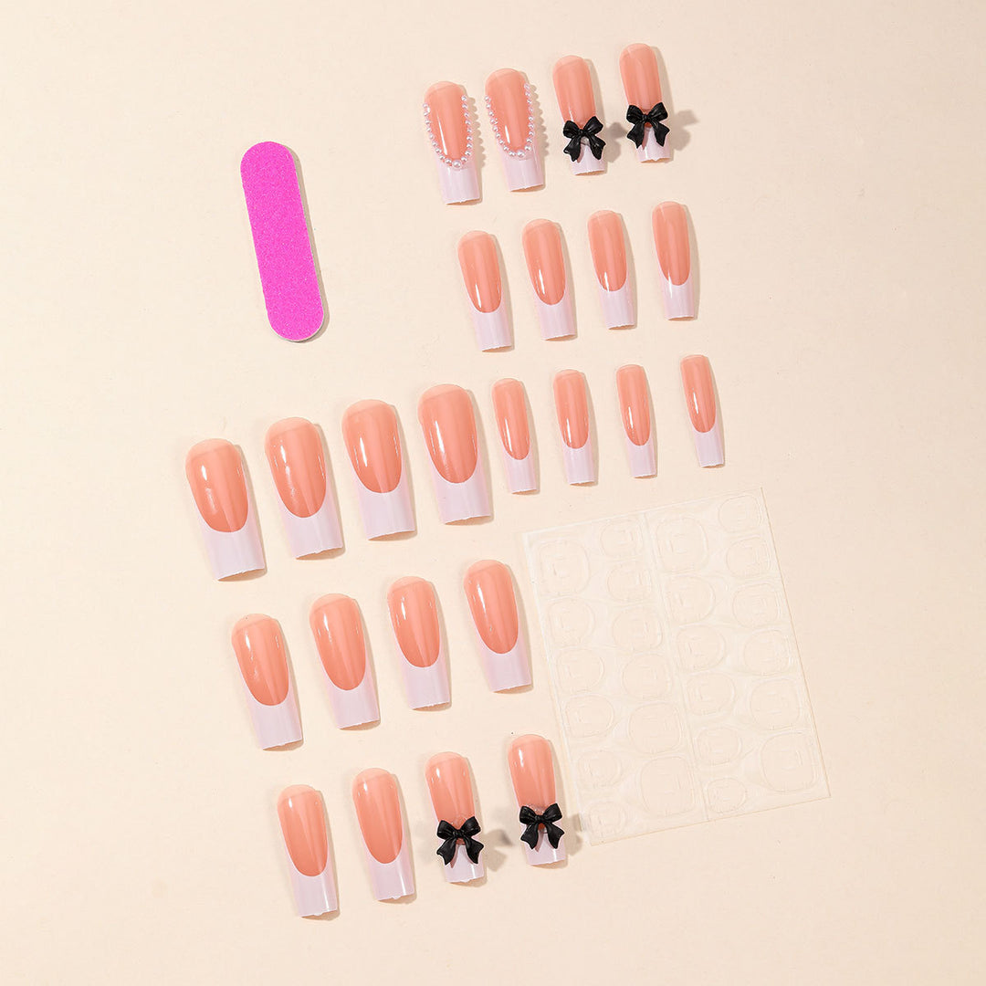 Elegant Press-On Nail Art Set with Pearl and Bow Accents Kalsten