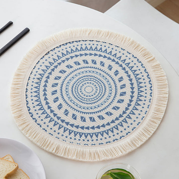 Round woven table placemat with fringe edge and mandala jacquard