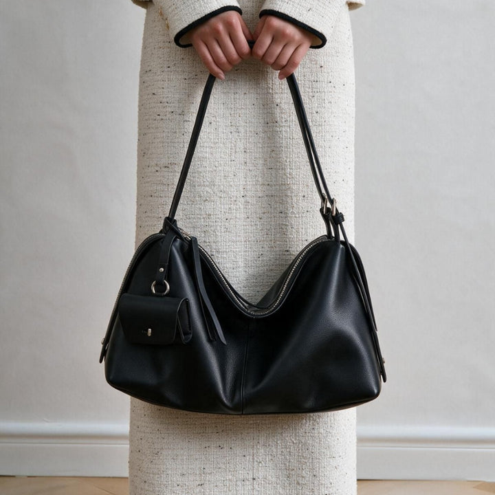 Slouchy Pebbled Hobo Shoulder Bag with Top Zip and Detachable Mini Pouch