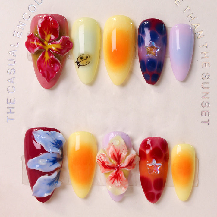 Artificial nail set with floral 3D accents and colorful designs Kalsten